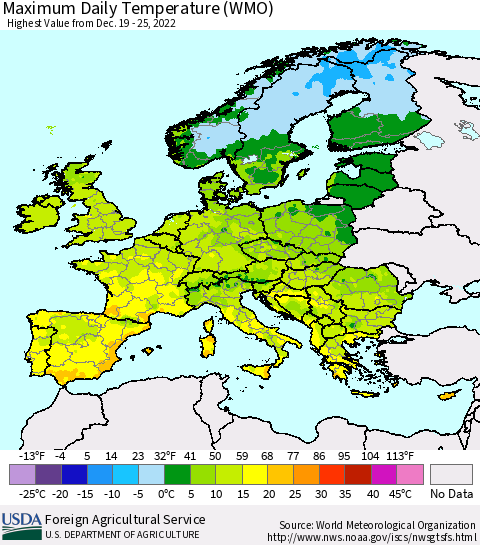 Europe Maximum Daily Temperature (WMO) Thematic Map For 12/19/2022 - 12/25/2022