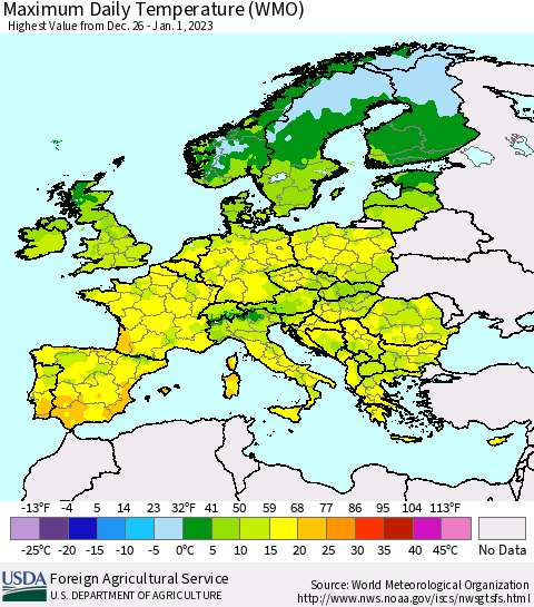 Europe Maximum Daily Temperature (WMO) Thematic Map For 12/26/2022 - 1/1/2023