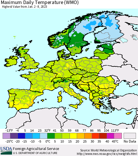 Europe Maximum Daily Temperature (WMO) Thematic Map For 1/2/2023 - 1/8/2023