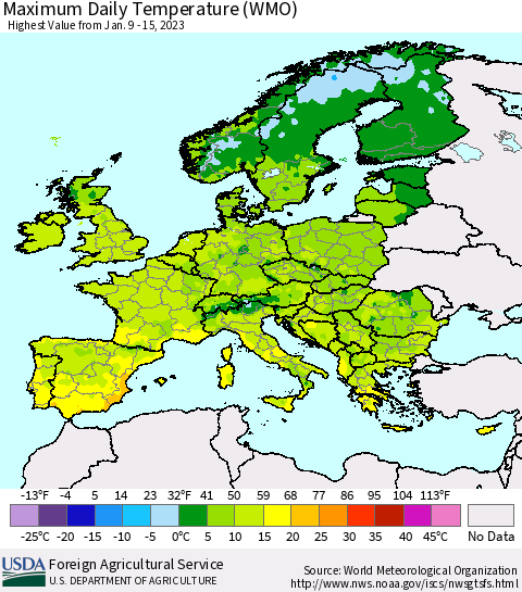 Europe Maximum Daily Temperature (WMO) Thematic Map For 1/9/2023 - 1/15/2023