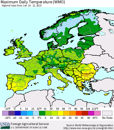 Europe Maximum Daily Temperature (WMO) Thematic Map For 1/16/2023 - 1/22/2023