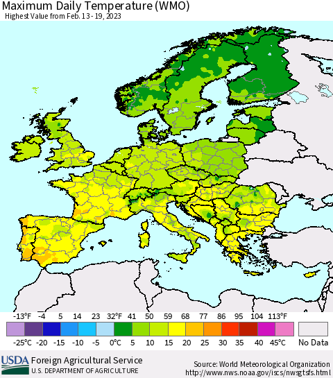 Europe Maximum Daily Temperature (WMO) Thematic Map For 2/13/2023 - 2/19/2023
