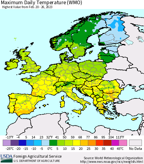 Europe Maximum Daily Temperature (WMO) Thematic Map For 2/20/2023 - 2/26/2023