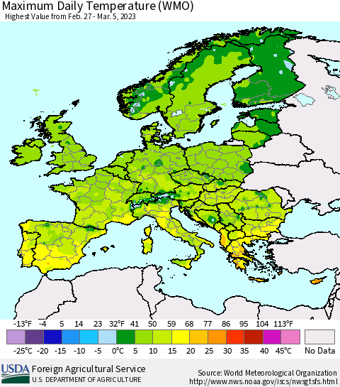 Europe Maximum Daily Temperature (WMO) Thematic Map For 2/27/2023 - 3/5/2023