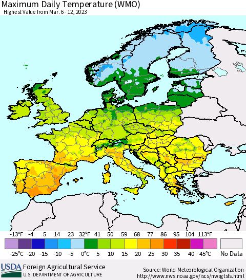 Europe Maximum Daily Temperature (WMO) Thematic Map For 3/6/2023 - 3/12/2023