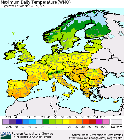 Europe Maximum Daily Temperature (WMO) Thematic Map For 3/20/2023 - 3/26/2023