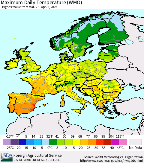 Europe Maximum Daily Temperature (WMO) Thematic Map For 3/27/2023 - 4/2/2023