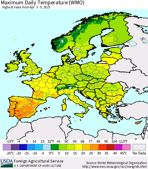 Europe Maximum Daily Temperature (WMO) Thematic Map For 4/3/2023 - 4/9/2023