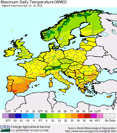 Europe Maximum Daily Temperature (WMO) Thematic Map For 4/10/2023 - 4/16/2023
