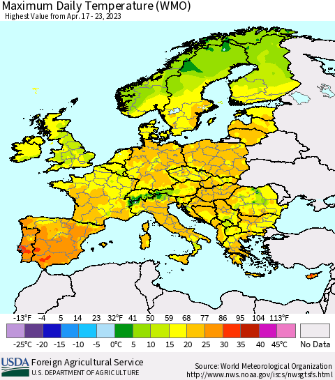 Europe Maximum Daily Temperature (WMO) Thematic Map For 4/17/2023 - 4/23/2023