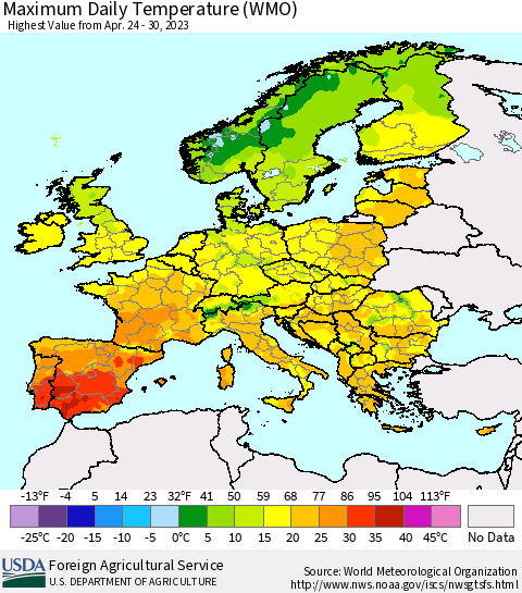 Europe Maximum Daily Temperature (WMO) Thematic Map For 4/24/2023 - 4/30/2023