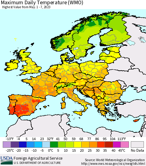 Europe Maximum Daily Temperature (WMO) Thematic Map For 5/1/2023 - 5/7/2023