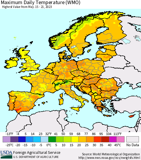 Europe Maximum Daily Temperature (WMO) Thematic Map For 5/15/2023 - 5/21/2023
