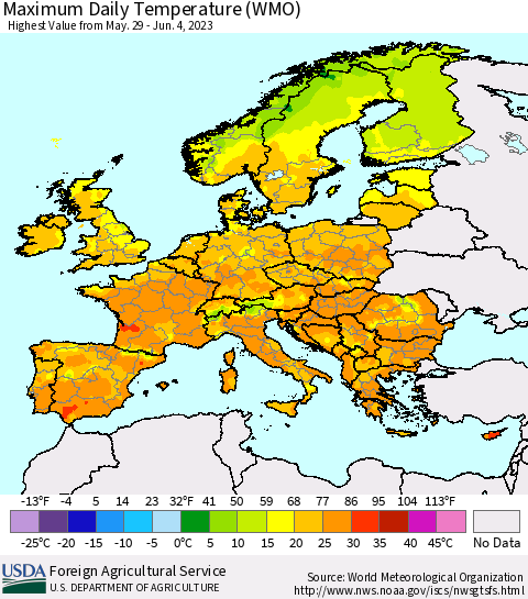 Europe Maximum Daily Temperature (WMO) Thematic Map For 5/29/2023 - 6/4/2023