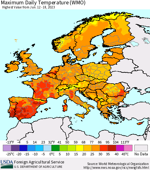 Europe Maximum Daily Temperature (WMO) Thematic Map For 6/12/2023 - 6/18/2023