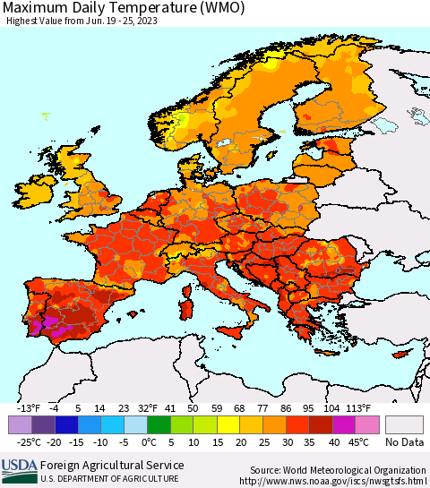 Europe Maximum Daily Temperature (WMO) Thematic Map For 6/19/2023 - 6/25/2023