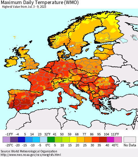 Europe Maximum Daily Temperature (WMO) Thematic Map For 7/3/2023 - 7/9/2023