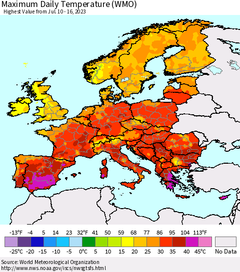 Europe Maximum Daily Temperature (WMO) Thematic Map For 7/10/2023 - 7/16/2023