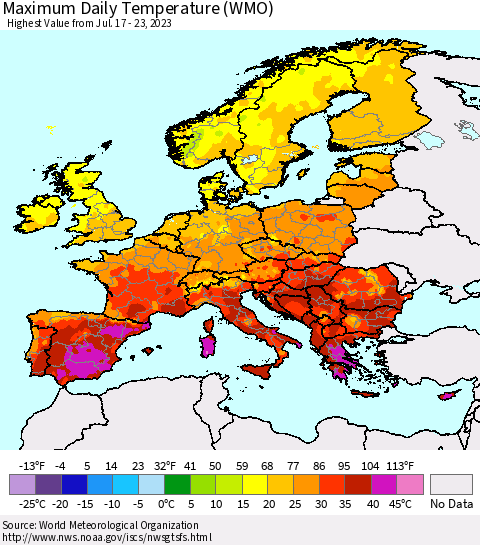 Europe Maximum Daily Temperature (WMO) Thematic Map For 7/17/2023 - 7/23/2023