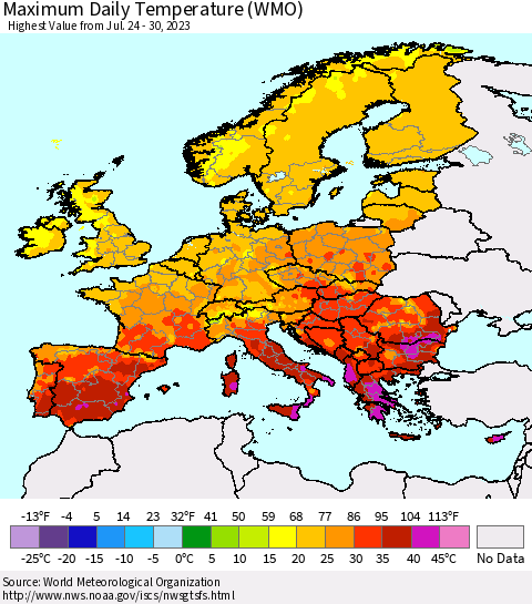 Europe Maximum Daily Temperature (WMO) Thematic Map For 7/24/2023 - 7/30/2023