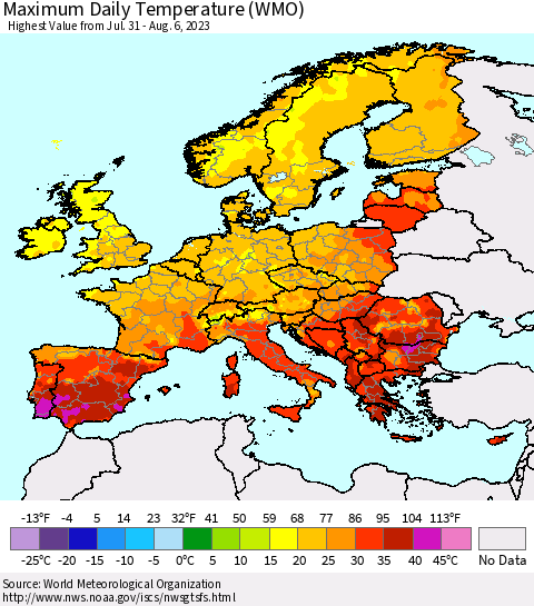 Europe Maximum Daily Temperature (WMO) Thematic Map For 7/31/2023 - 8/6/2023