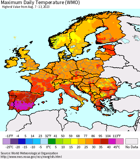 Europe Maximum Daily Temperature (WMO) Thematic Map For 8/7/2023 - 8/13/2023