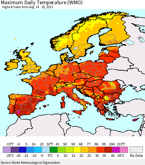 Europe Maximum Daily Temperature (WMO) Thematic Map For 8/14/2023 - 8/20/2023