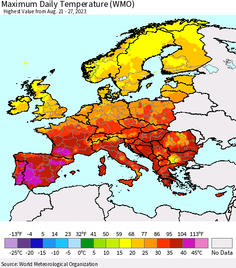 Europe Maximum Daily Temperature (WMO) Thematic Map For 8/21/2023 - 8/27/2023