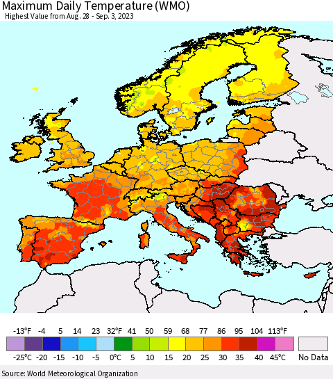 Europe Maximum Daily Temperature (WMO) Thematic Map For 8/28/2023 - 9/3/2023