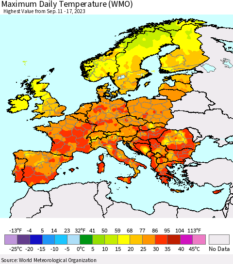 Europe Maximum Daily Temperature (WMO) Thematic Map For 9/11/2023 - 9/17/2023