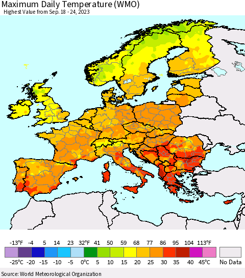 Europe Maximum Daily Temperature (WMO) Thematic Map For 9/18/2023 - 9/24/2023