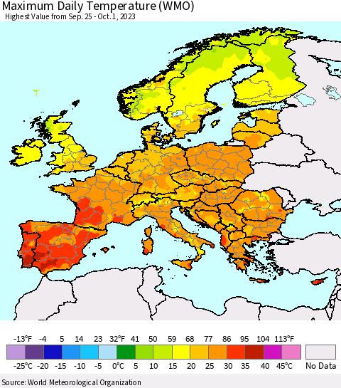 Europe Maximum Daily Temperature (WMO) Thematic Map For 9/25/2023 - 10/1/2023
