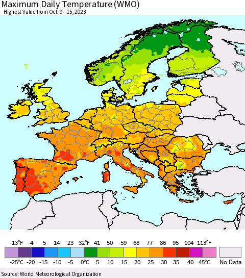 Europe Maximum Daily Temperature (WMO) Thematic Map For 10/9/2023 - 10/15/2023