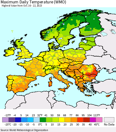 Europe Maximum Daily Temperature (WMO) Thematic Map For 10/16/2023 - 10/22/2023