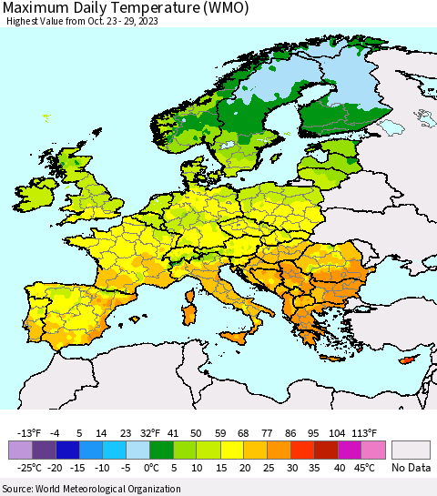 Europe Maximum Daily Temperature (WMO) Thematic Map For 10/23/2023 - 10/29/2023