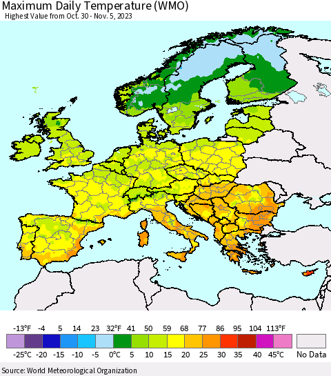 Europe Maximum Daily Temperature (WMO) Thematic Map For 10/30/2023 - 11/5/2023