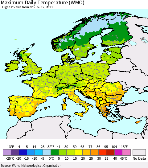 Europe Maximum Daily Temperature (WMO) Thematic Map For 11/6/2023 - 11/12/2023