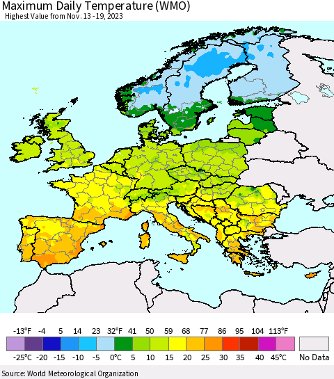Europe Maximum Daily Temperature (WMO) Thematic Map For 11/13/2023 - 11/19/2023