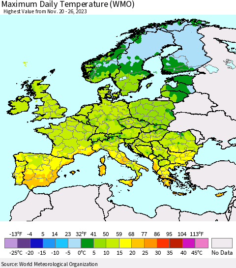 Europe Maximum Daily Temperature (WMO) Thematic Map For 11/20/2023 - 11/26/2023