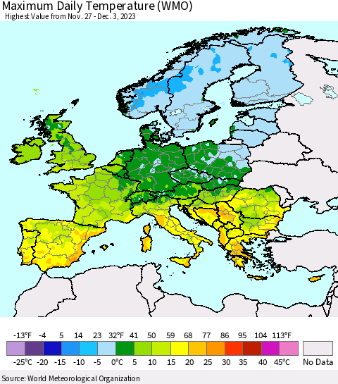 Europe Maximum Daily Temperature (WMO) Thematic Map For 11/27/2023 - 12/3/2023