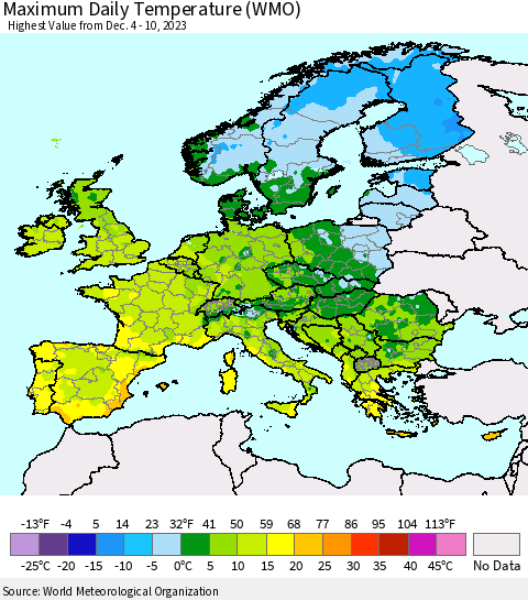 Europe Maximum Daily Temperature (WMO) Thematic Map For 12/4/2023 - 12/10/2023