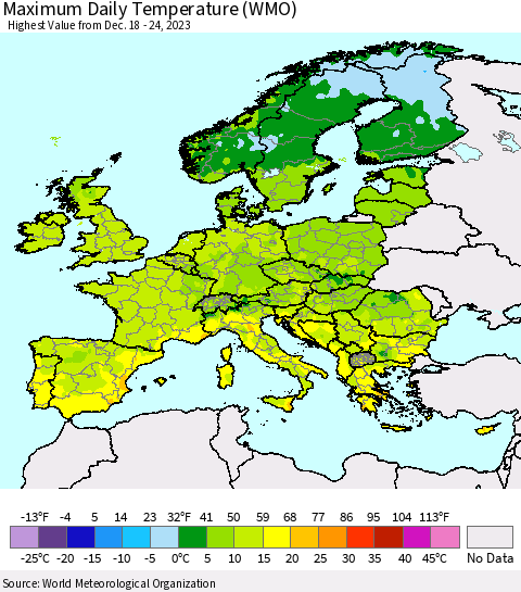 Europe Maximum Daily Temperature (WMO) Thematic Map For 12/18/2023 - 12/24/2023