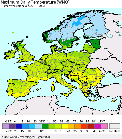 Europe Maximum Daily Temperature (WMO) Thematic Map For 12/25/2023 - 12/31/2023