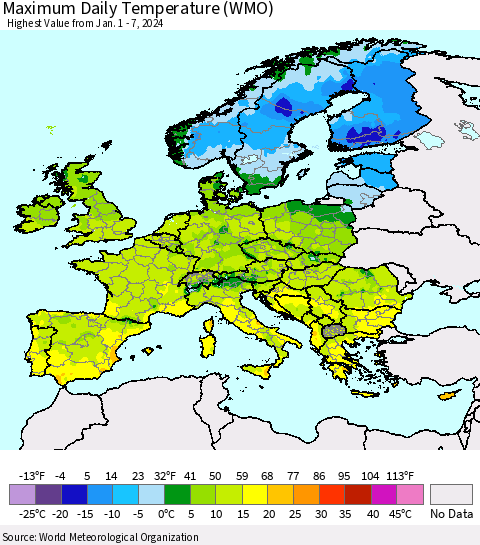 Europe Maximum Daily Temperature (WMO) Thematic Map For 1/1/2024 - 1/7/2024