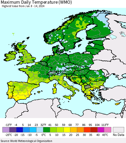 Europe Maximum Daily Temperature (WMO) Thematic Map For 1/8/2024 - 1/14/2024