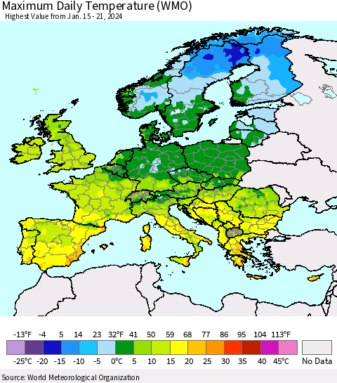 Europe Maximum Daily Temperature (WMO) Thematic Map For 1/15/2024 - 1/21/2024
