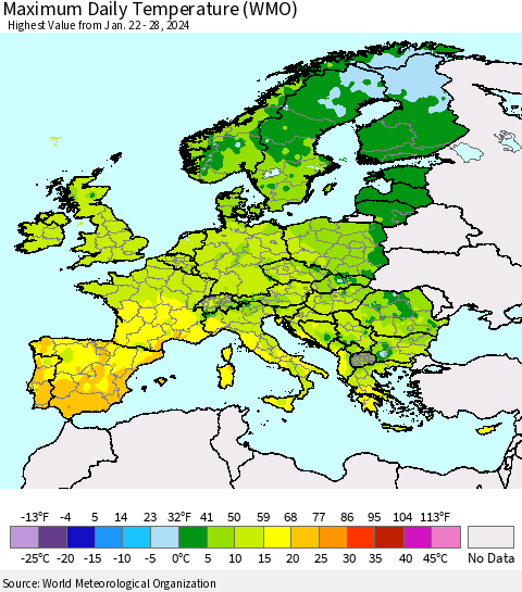 Europe Maximum Daily Temperature (WMO) Thematic Map For 1/22/2024 - 1/28/2024