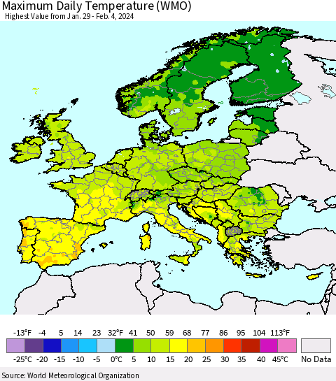 Europe Maximum Daily Temperature (WMO) Thematic Map For 1/29/2024 - 2/4/2024