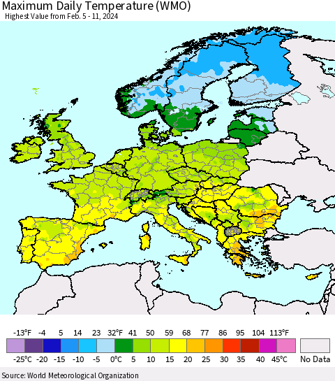 Europe Maximum Daily Temperature (WMO) Thematic Map For 2/5/2024 - 2/11/2024