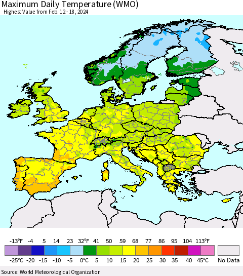 Europe Maximum Daily Temperature (WMO) Thematic Map For 2/12/2024 - 2/18/2024